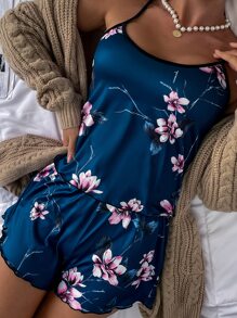 Floral Print Contrast Binding Top & Lettuce Trim Shorts PJ Set / Pajama Set - Navy Blue - View 1