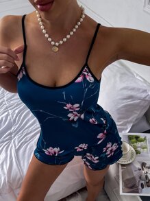 Floral Print Contrast Binding Top & Lettuce Trim Shorts PJ Set / Pajama Set - Navy Blue - View 4