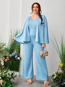 SHEIN Plus Solid Wide Leg Cape Jumpsuit - Baby Blue - View 4