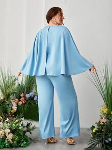 SHEIN Plus Solid Wide Leg Cape Jumpsuit - Baby Blue - View 2