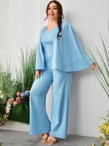 SHEIN Plus Solid Wide Leg Cape Jumpsuit - Baby Blue - View 3