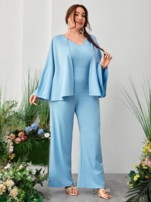 SHEIN Plus Solid Wide Leg Cape Jumpsuit - Baby Blue - View 1