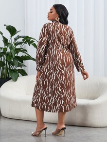 Maweii 大碼斑馬條紋前打結襯衫洋裝 - 咖啡棕 - 查看 2