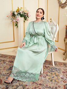 Mulvari Plus Fringe Trim Contrast Lace Satin Dress - Mint Green - View 2