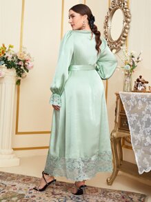 Mulvari Plus Fringe Trim Contrast Lace Satin Dress - Mint Green - View 3