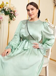 Mulvari Plus Fringe Trim Contrast Lace Satin Dress - Mint Green - View 4