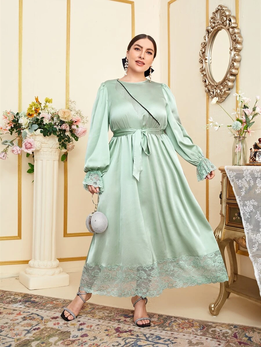 Mulvari Plus Fringe Trim Contrast Lace Satin Dress - Mint Green - View 1