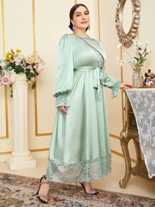 Mulvari Plus Fringe Trim Contrast Lace Satin Dress - Mint Green - View 5