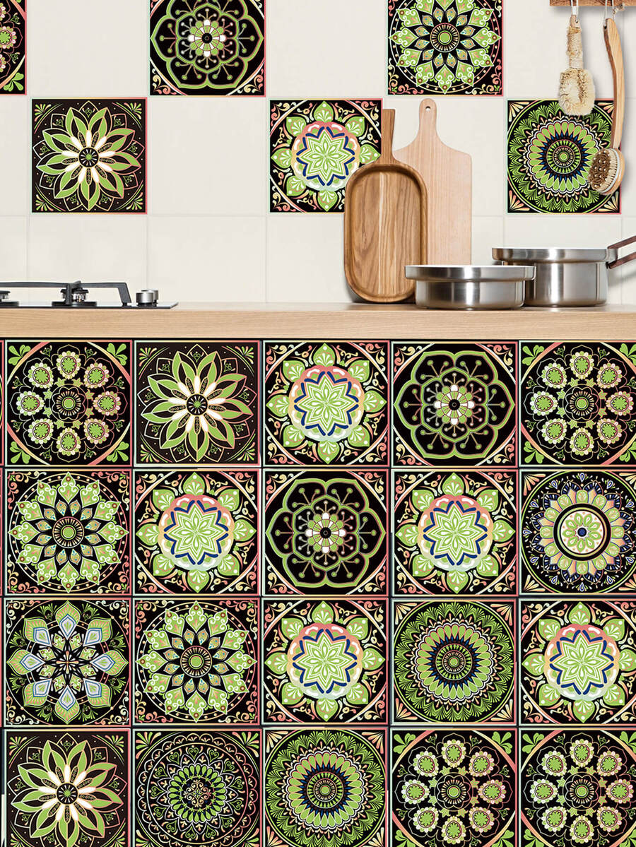 10 piezas Pegatina vintage con estampado de flor a prueba de aceite cocina - Multicolor - Ver 1