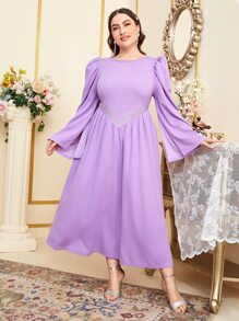 Modelyn 大碼荷葉袖圖案印花連衣裙 - 紫丁香色 - 查看 1