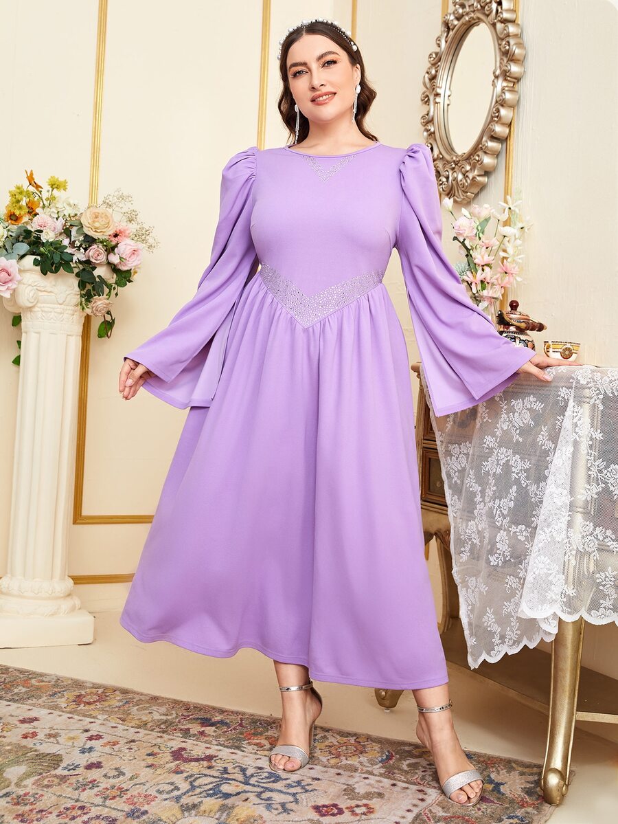 Modelyn 大碼荷葉袖圖案印花連衣裙 - 紫丁香色 - 查看 1