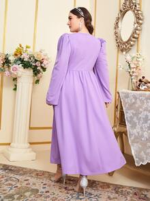 Modelyn 大碼荷葉袖圖案印花連衣裙 - 紫丁香色 - 查看 5