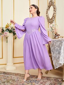 Modelyn 大碼荷葉袖圖案印花連衣裙 - 紫丁香色 - 查看 4