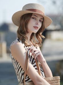 LEAJOURNO. Boho One Unisex Outdoor Beach Sun Hat For Sun Protection With British-Influenced Flat Top And Thin Braided Grass Material,Ideal For Spring And Summer Outings - Khaki - View 4