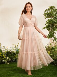 SHEIN Belle 泡泡袖交疊領荷葉邊圓點伴娘連衣裙 - 淺粉色 - 查看 1