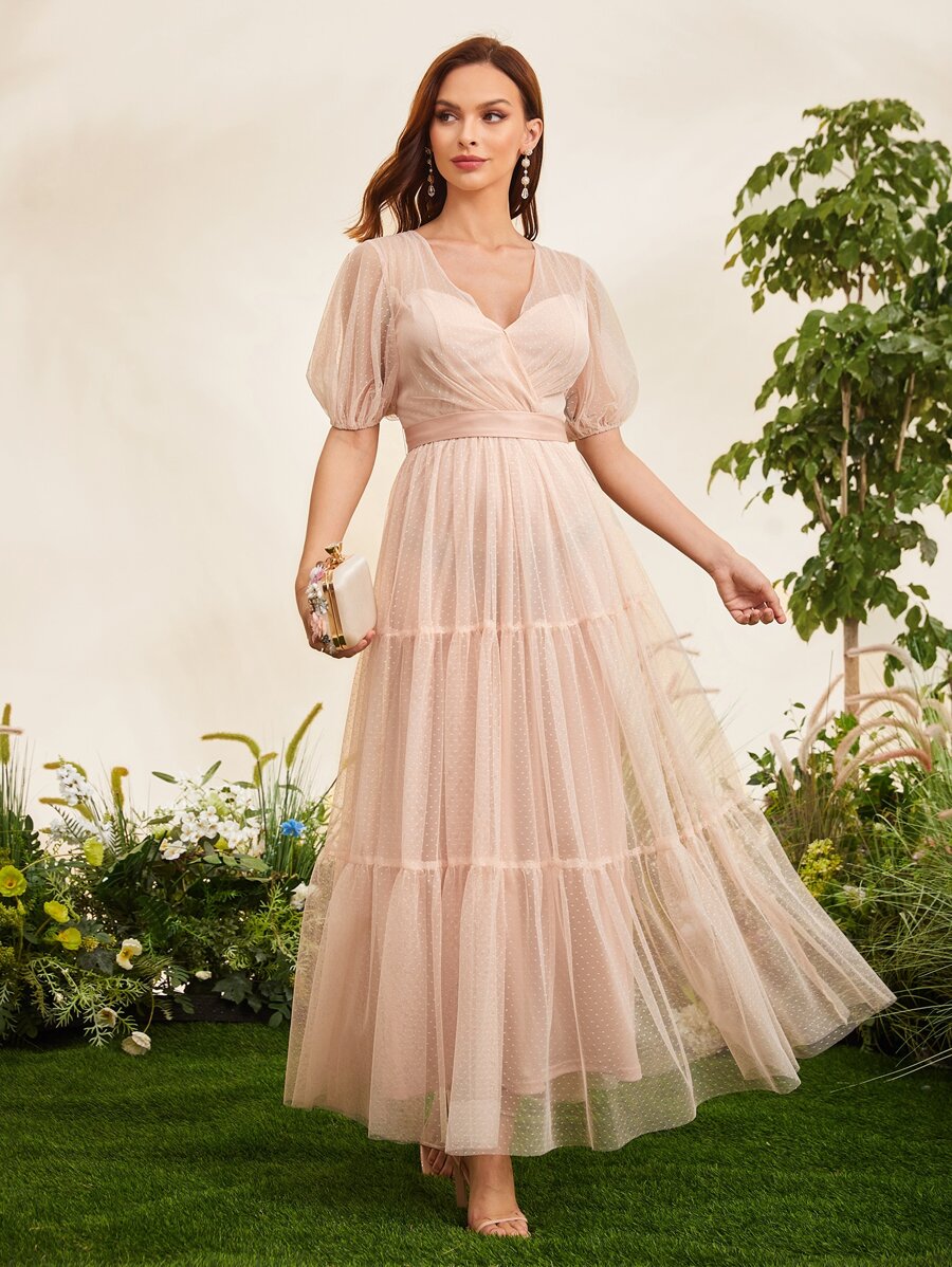 SHEIN Belle 泡泡袖交疊領荷葉邊圓點伴娘連衣裙 - 淺粉色 - 查看 1