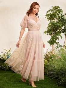 SHEIN Belle 泡泡袖交疊領荷葉邊圓點伴娘連衣裙 - 淺粉色 - 查看 4