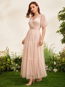 SHEIN Belle 泡泡袖交疊領荷葉邊圓點伴娘連衣裙 - 淺粉色 - 查看 5