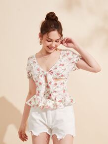 Poppy Moon Floral Print Tie Front Cut Out Ruffle Hem Top - Multicolor - View 1