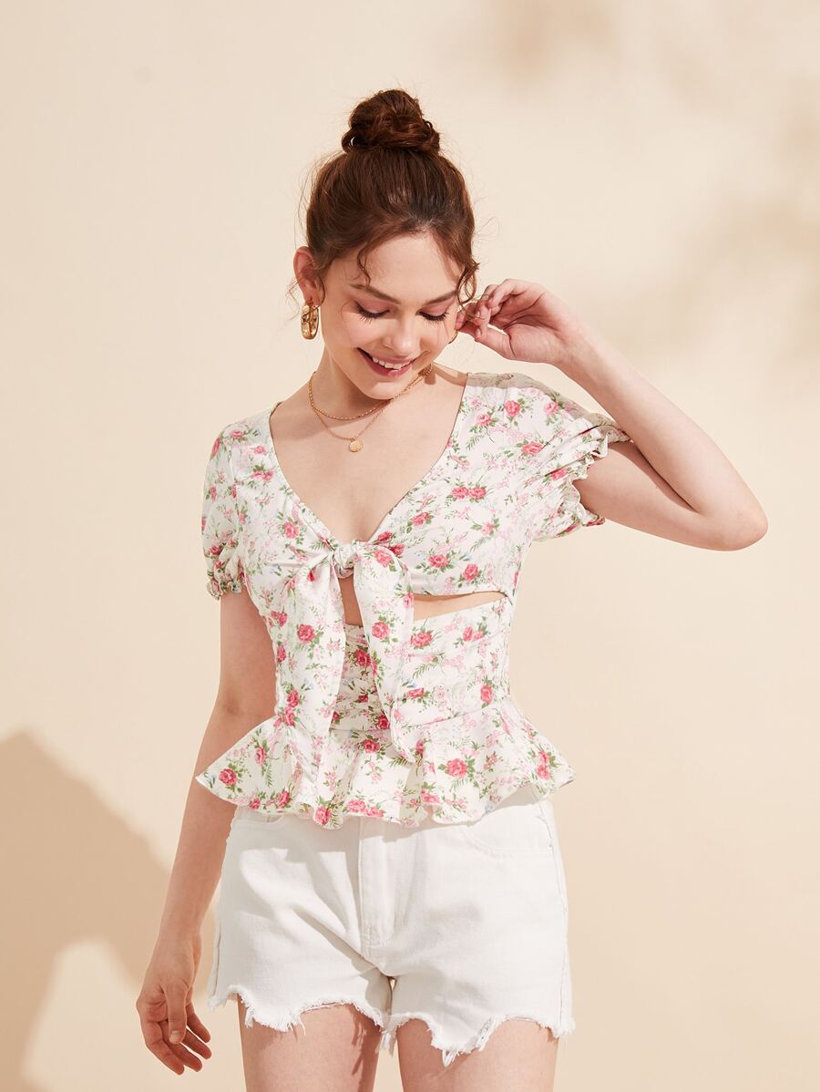 Poppy Moon Floral Print Tie Front Cut Out Ruffle Hem Top - Multicolor - View 1