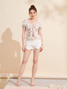 Poppy Moon Floral Print Tie Front Cut Out Ruffle Hem Top - Multicolor - View 5