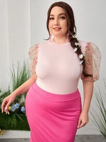 SHEIN 大碼花卉圖案網紗泡泡袖羅紋針織T恤 - 淺粉色 - 查看 1