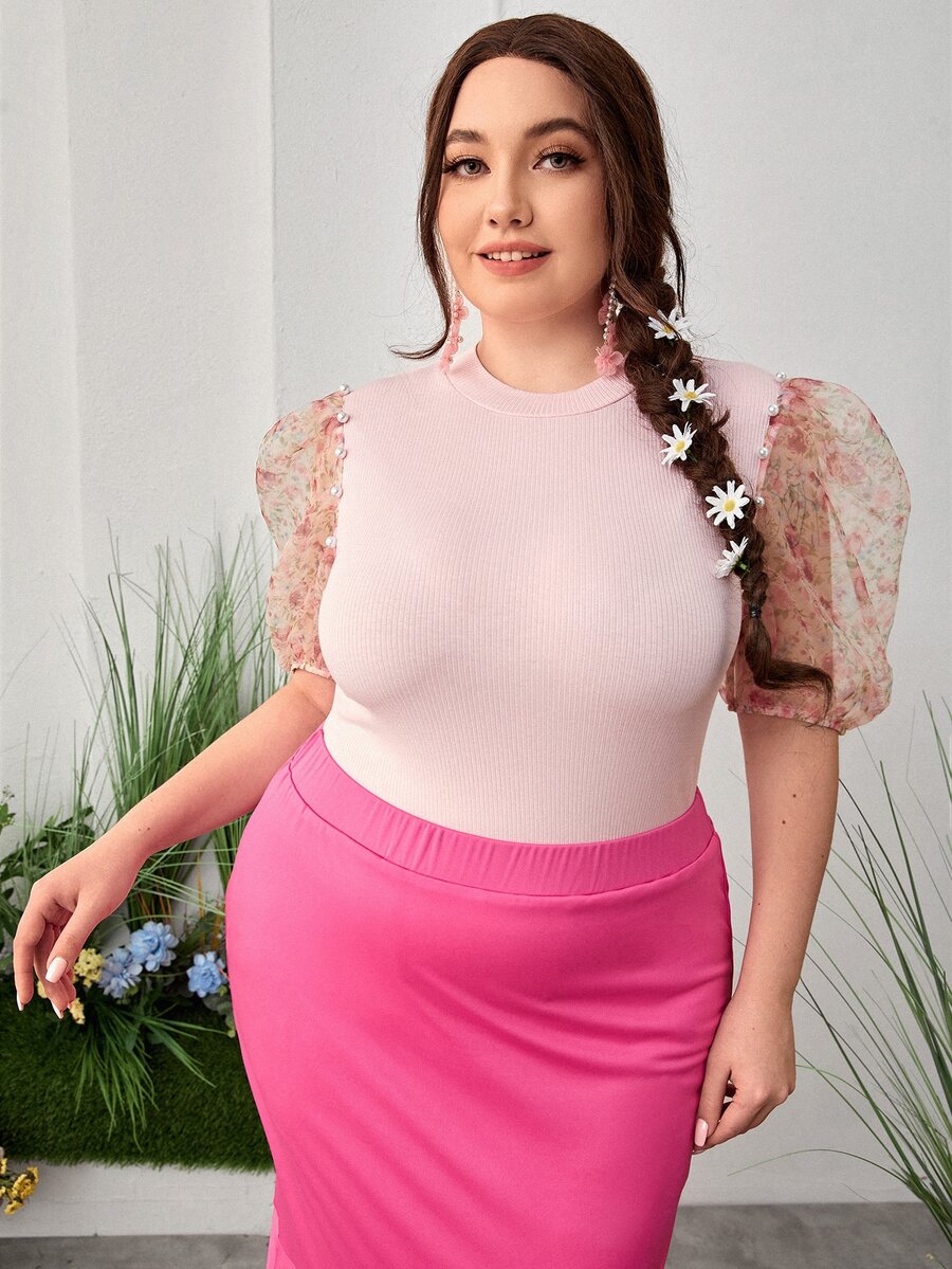 SHEIN 大碼花卉圖案網紗泡泡袖羅紋針織T恤 - 淺粉色 - 查看 1