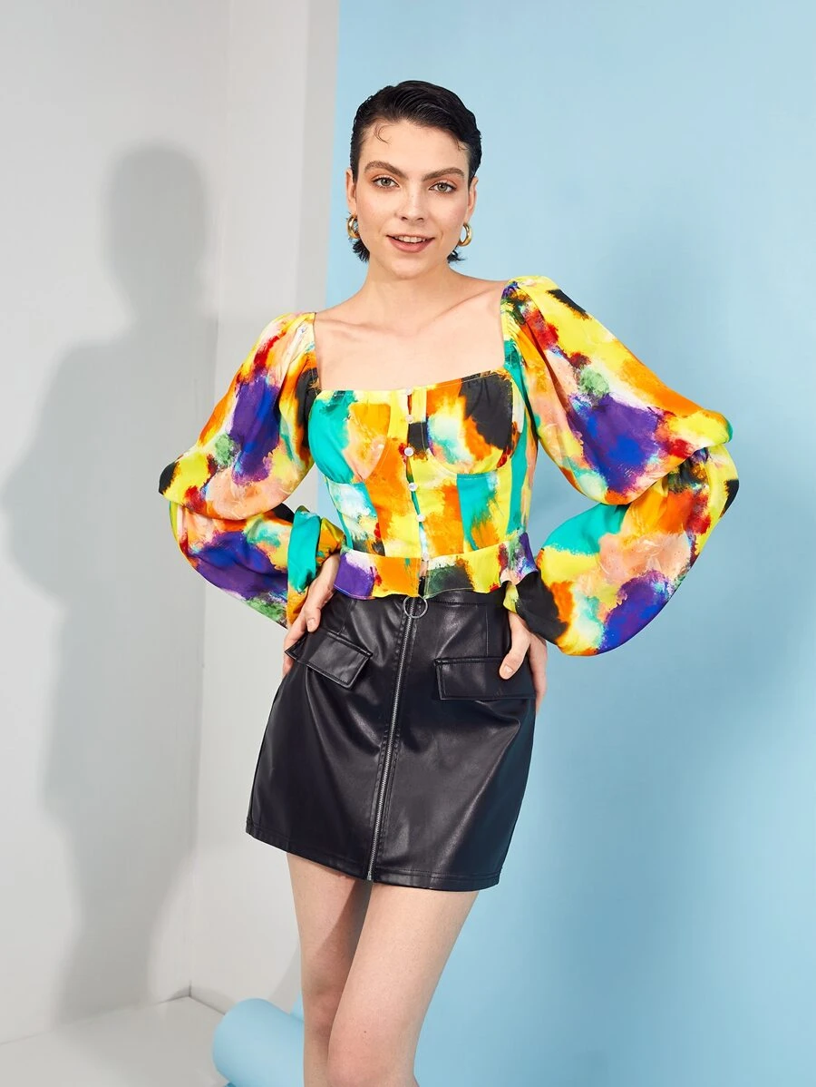 Lilee 方領燈籠袖紮染上衣 - 彩色 - 查看 1