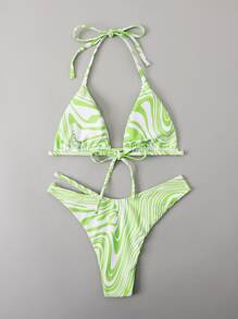 Allover Print Halter Triangle Bikini - Lime Green - View 2