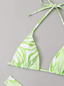 Allover Print Halter Triangle Bikini - Lime Green - View 3