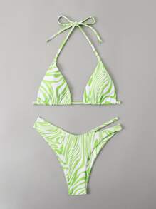Allover Print Halter Triangle Bikini - Lime Green - View 4