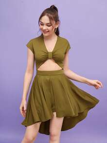 CZ Đầm Bất đối xứng Cắt ra Xù Dây kéo màu trơn Gợi cảm - xanh quân đội - Xem 2