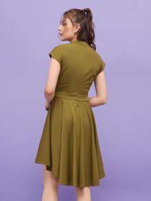 CZ Đầm Bất đối xứng Cắt ra Xù Dây kéo màu trơn Gợi cảm - xanh quân đội - Xem 6