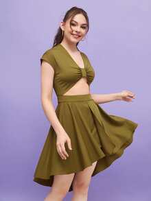 CZ Đầm Bất đối xứng Cắt ra Xù Dây kéo màu trơn Gợi cảm - xanh quân đội - Xem 4