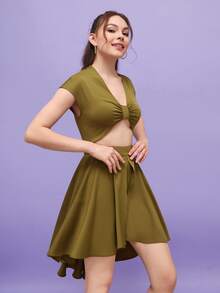 CZ Đầm Bất đối xứng Cắt ra Xù Dây kéo màu trơn Gợi cảm - xanh quân đội - Xem 5