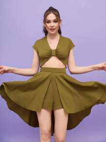 CZ Đầm Bất đối xứng Cắt ra Xù Dây kéo màu trơn Gợi cảm - xanh quân đội - Xem 1