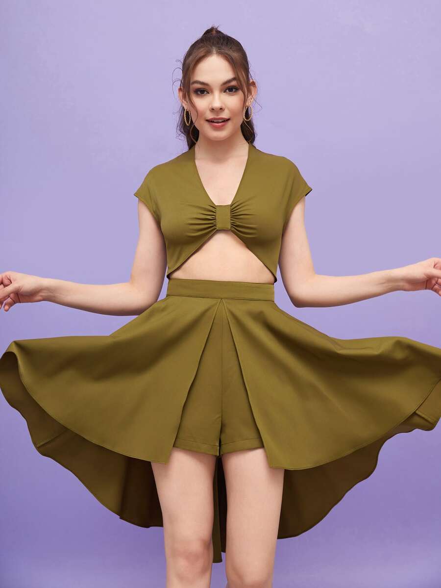 CZ Đầm Bất đối xứng Cắt ra Xù Dây kéo màu trơn Gợi cảm - xanh quân đội - Xem 1