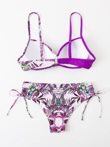 Tropical Print Push Up Tie Side Bikini Summer - Red Violet - View 2