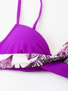 Tropical Print Push Up Tie Side Bikini Summer - Red Violet - View 4