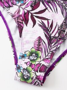 Tropical Print Push Up Tie Side Bikini Summer - Red Violet - View 5