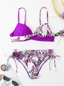 Tropical Print Push Up Tie Side Bikini Summer - Red Violet - View 6