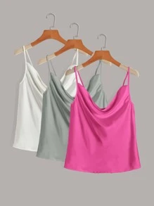 3pcs Draped Collar Satin Cami Top - Multicolor - View 1