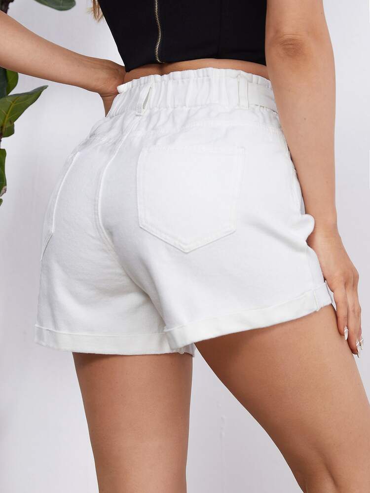 High Waist Roll Hem Denim Shorts - White - View 2