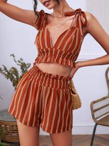 Striped Knot Shoulder Ruffle Hem Crop Cami Top & Shorts - Rust Brown - View 1