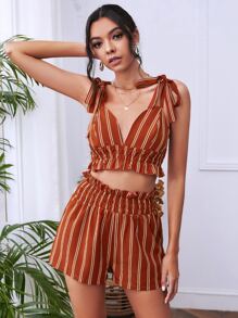 Striped Knot Shoulder Ruffle Hem Crop Cami Top & Shorts - Rust Brown - View 3