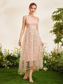 SHEIN Belle Plants Embroidery One Shoulder Bridesmaid Dress - Baby Pink - View 1