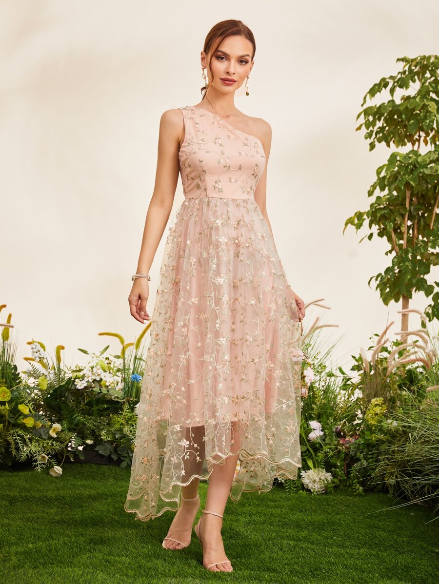 SHEIN Belle Plants Embroidery One Shoulder Bridesmaid Dress - Baby Pink - View 1