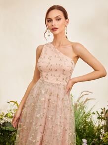 SHEIN Belle Plants Embroidery One Shoulder Bridesmaid Dress - Baby Pink - View 3