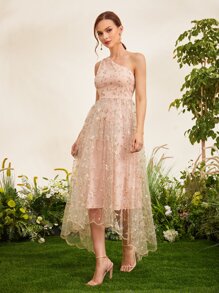SHEIN Belle Plants Embroidery One Shoulder Bridesmaid Dress - Baby Pink - View 4
