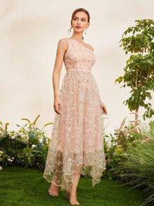SHEIN Belle Plants Embroidery One Shoulder Bridesmaid Dress - Baby Pink - View 5